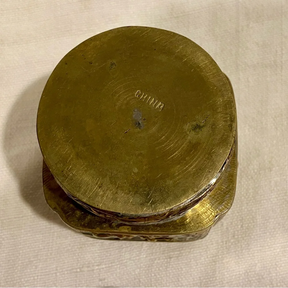 Vintage Chinese brass tea caddy - trinket box - enameled imagery